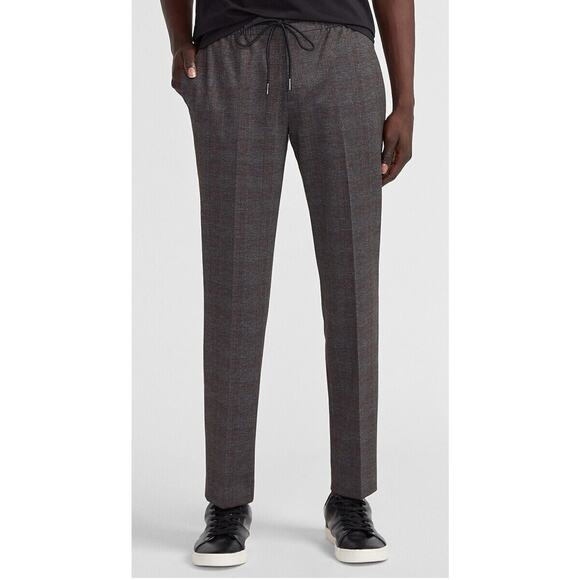 Express Mens Extra Slim Brown Plaid Luxe Comfort Soft Drawstring Dress Pant XL - Picture 1 of 9